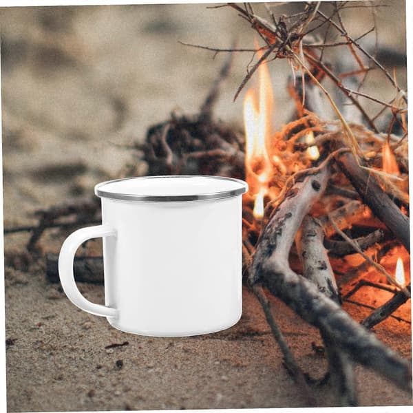 Emaljerad campingmugg vit med silverkant, chipresistent kaffekopp för vandring, resor och utomhusbruk