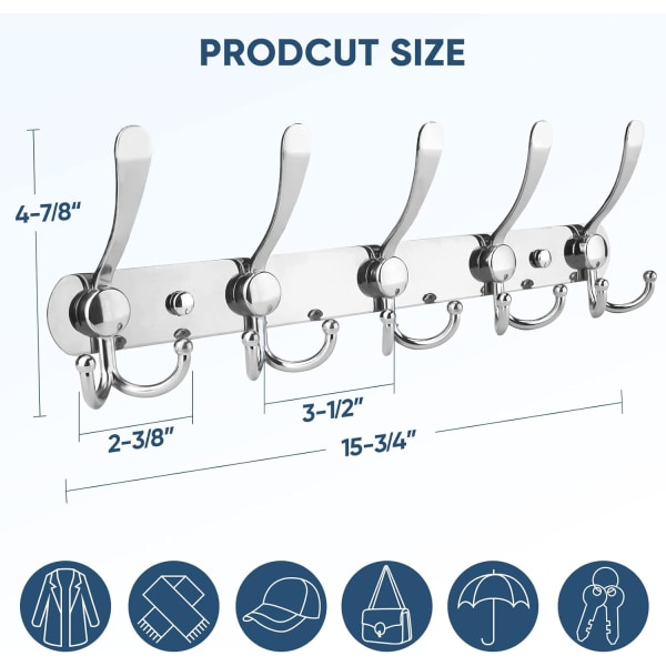 Veggmontert klesstativ, fem kraftige trippelkroker i helmetallkonstruksjon for jakke, frakk og lue i entreen (krom, 2-pakning)