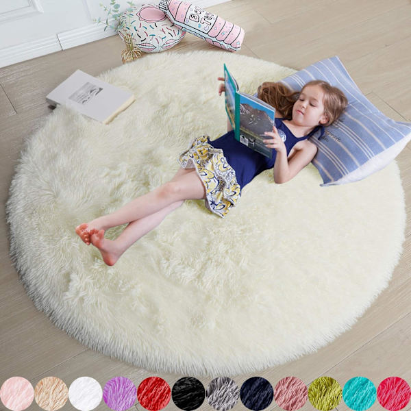 Elfenbenshvit rund teppe for soverom, fluffy sirkel teppe 4'X4' for barnerom, lodne teppe for tenåringsrom, sirkulært teppe for barnerom, fuzzy