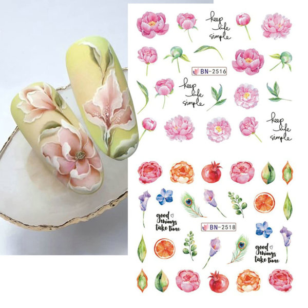 Blomma Nail Art Stickers Dekaler Vår Sommar Blommor Nageldekoration Vattenöverföring Lotus Blomknopp Grönt blad Utsökt design 12 ark