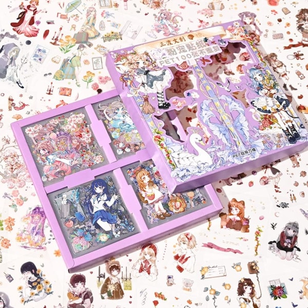 Söta Journaling Stickers Presentbox Set - 100 ark PET Cartoon Kawaii Girl Dekorativt Urklippsdekal för Scrapbooking