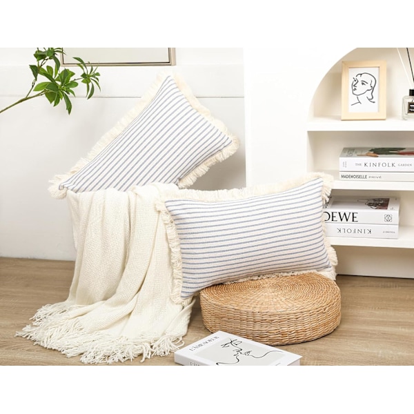 Set med 2 lyseblå Boho putetrekk 12 x 20, bomullsnøytrale putetrekk med duskfrynse, dekorative pynteputer
