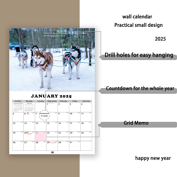 2025 Engelsk Væghængt Kalender A3 Størrelse Husky Hund Amerikansk Ørn Månedskalender med tema