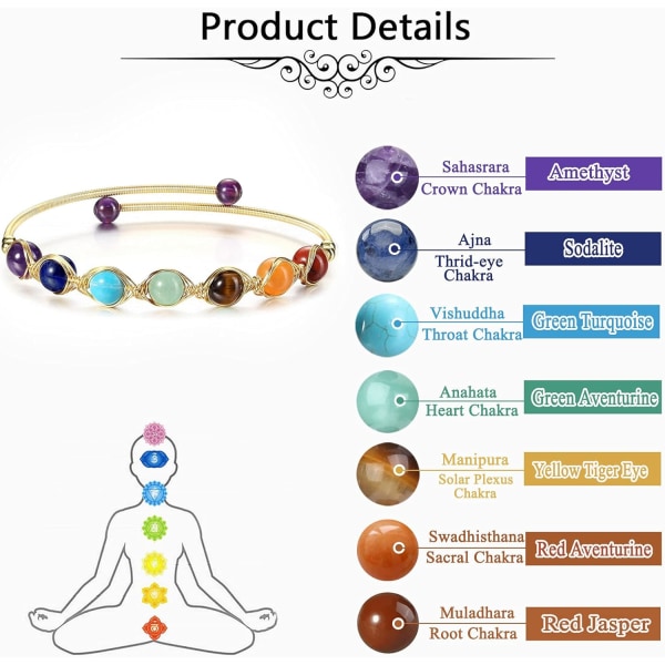 Heyone7 Chakra Crystal Yoga Meditationsarmband för kvinnor, flickor 14K guldtrådlindad Healing Crystals Stenarmband