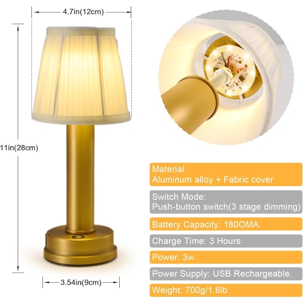 2000 mah batteridrivna bordslampor 3W LED-bordslampa Dimbar bärbar bordslampa 3 nivåer av ljusstyrka sladdlösa bordslampor (guld)
