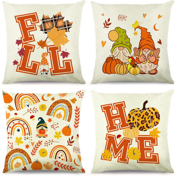 Höst Pumpa Gnome Dekorativa Kuddfodral 18 x 18 Tum Set om 4, Höst Regnbåge Lönnlöv Pumpa Höstdekor