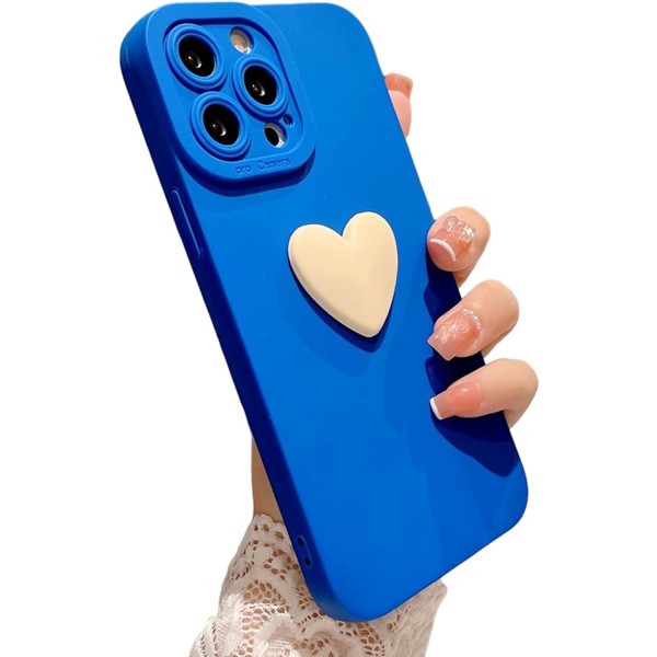 Kompatibel med iPhone 13 Pro Max Söt 3D Love Heart Case Kameraskydd Stötsäkert Mjuk Bumper Phone case för kvinnor Flickor Blå