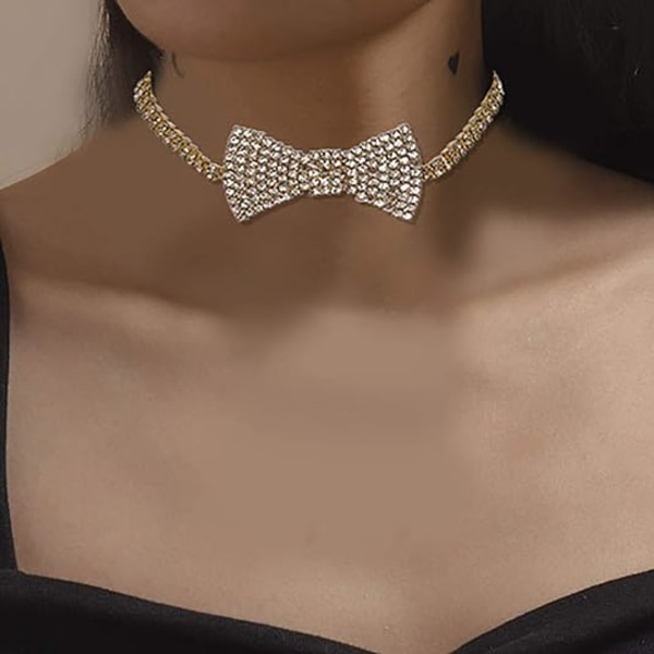 Boho Rhinestone Choker Halskæde Sølv Krystal Sløjfe Halskæder Fest Smykker Tilbehør til Kvinder og Piger