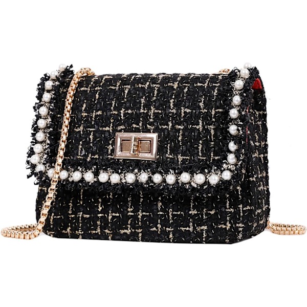 Veske og håndvesker for kvinner Mote Tweed Perle Topphåndtak Veske Skulder Tote Perlekjede Crossbody Clutch Bag