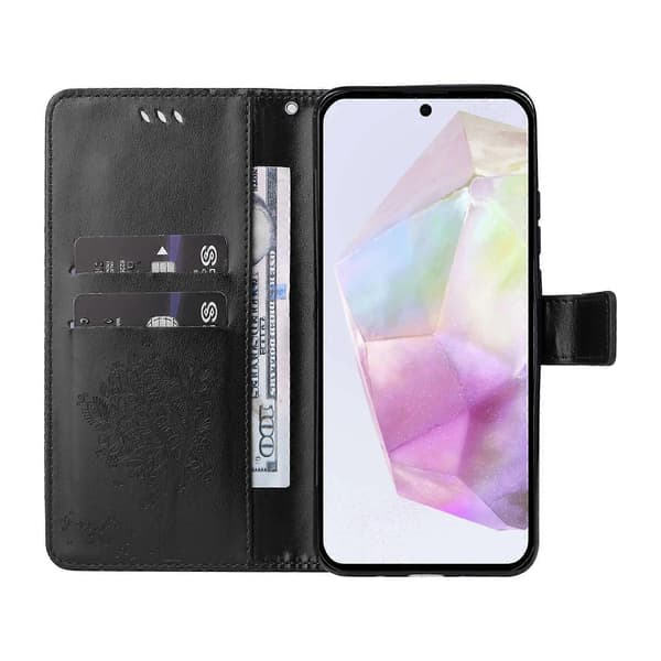Cat Tree Pattern Leather Wallet Phone Case For Samsung Galaxy A36 5G, with Stand (Black)