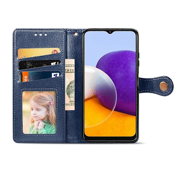 For Samsung Galaxy A22 4G Solid Farge Lær Spenne Telefondeksel med Lanyard & Fotoramme & Kortspor & Lommebok & Stativfunksjon Blue