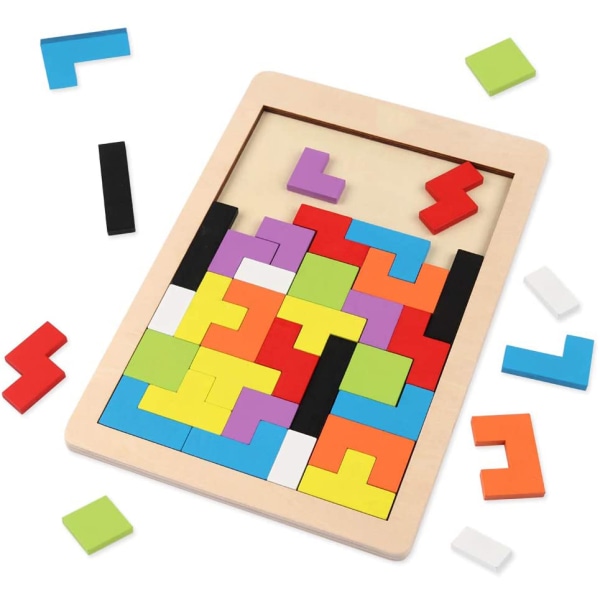 Träblock Pussel Brain Teasers Leksak Tangram Jigsaw Intelligens Färgglad 3D ryska blockspel Utbildningspresent