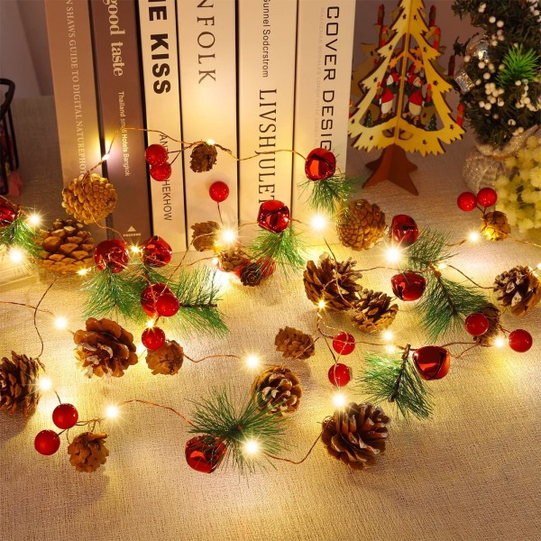 Christmas Garland with String Lights 10 Ft 30 LED Pine Cone Red Berry Bells Garland Lights, Indoor Christmas Decorations (Warm White)