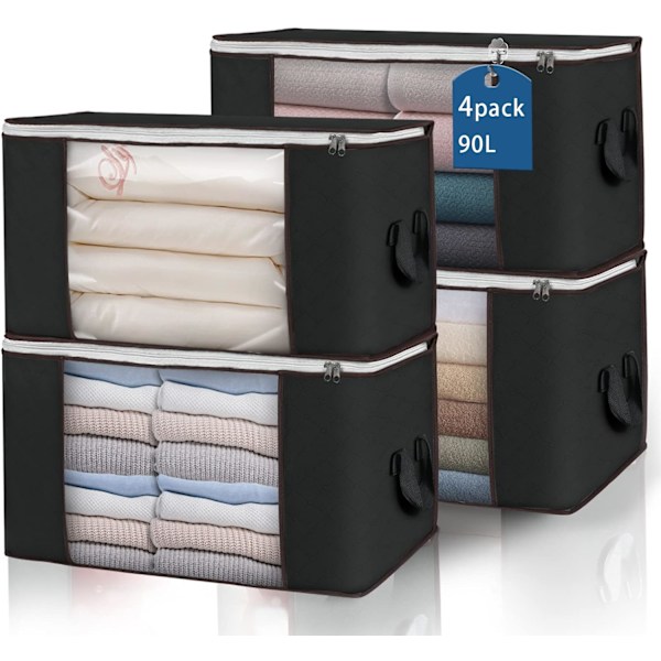 4-pack klädförvaringslådor hopfällbara garderobsorganisatörer förvaringsbehållare med hållbara handtag tjockt tyg för filt 90L (svart)