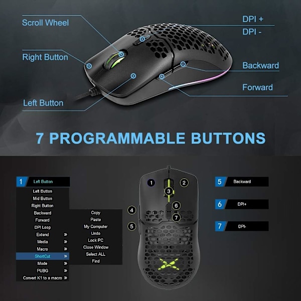 65G (2,29oz) Trådløs Letvægts Gaming Mus med 3200DPI, RGB Baggrundsbelysning og 7 Programmerbare Knapper