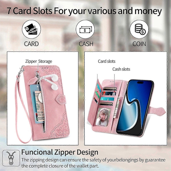 Kompatibel med Motorola MOTO G84 Lynlåspung Magnetisk Kortholder med Håndledsrem Wallet Pung til Motorola MOTO G84 Pink