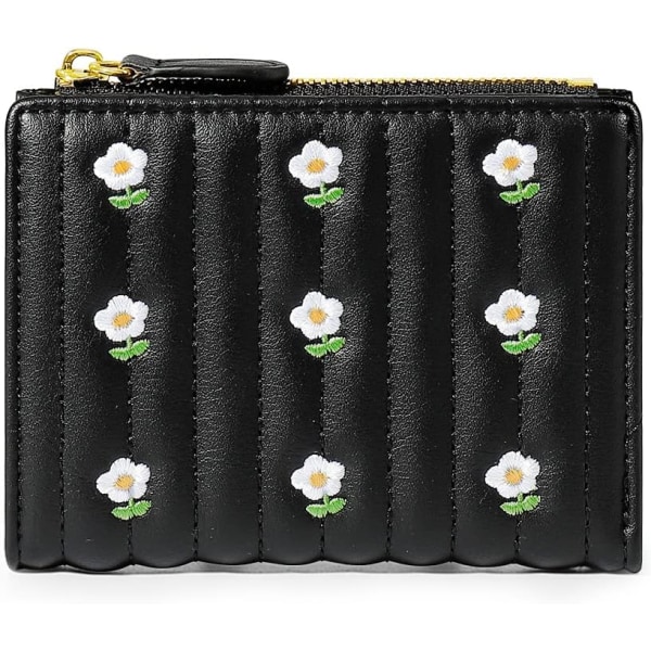 Small Wallet for Girls Women Tri-folded Wallet Cash Pocket Card Holder Coin Purse with ID Window elegant youthful and cute- -flowers-balck