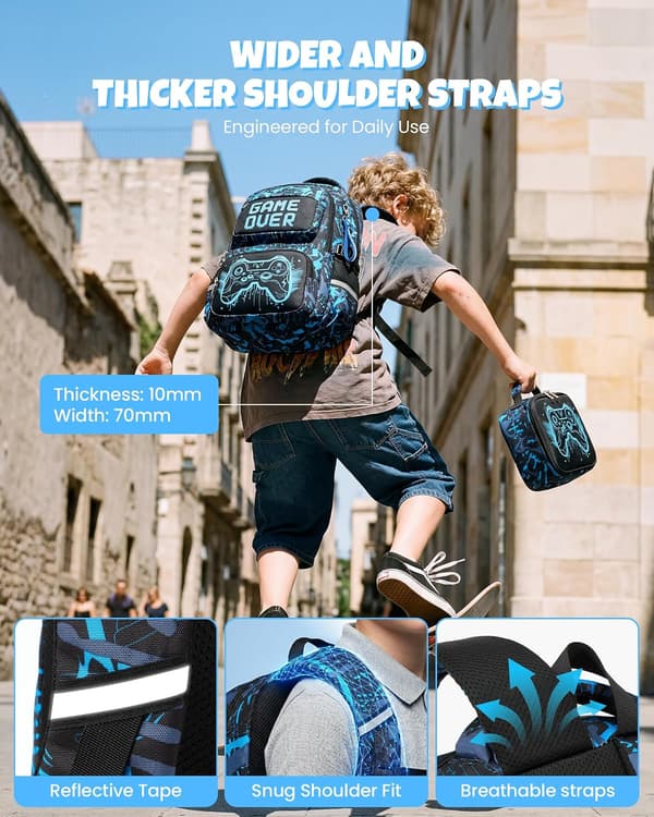 School Backpack Boys 8-12 Years 3-Piece Waterproof Modern Set Durable, Blue | 3-Piece Reflective Lightweight Ergonomic Blue Day Backpack Multi-Pocket Spacious BLÅ