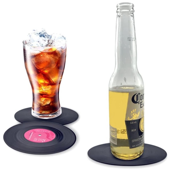 Underlägg set med 6, vinylskivor retro glasunderlägg för drinkar - skrivbordsskydd förhindrar skador på möbler