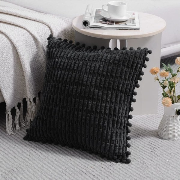 2 stk. 20x20 tommer sort pudebetræk med pompom, velegnet til sofa seng stue, blød Corduroy sød firkantet pudebetræk 50x50cm