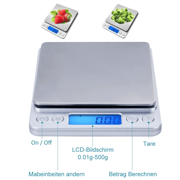 Digital köksvåg med USB-laddning, digital våg 0,1g / 3kg, elektronisk finvåg, PSC / tareringsfunktion / LCD-display