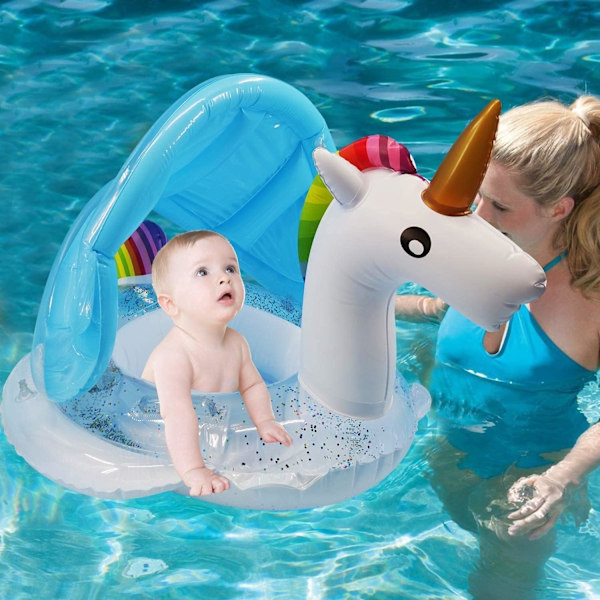 Enhjørning Baby Pool Float med Kaleche, Blinkende Sæde og Sikkerhedsgreb, Sommer 2023 Hot, Oppustelig Baby Float til Børn 1-4 År, Festartikler