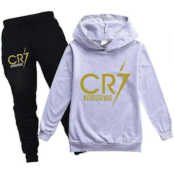 2 STK Cristiano Ronaldo Hættetrøje VM Nr. 7 Julegaver Fodboldstjerne Hættetrøje og Blå Buksesæt Piger Drenge Hættetrøje Sweatshirt Pullover Toppe Børn T-shirt Gray 3-4years