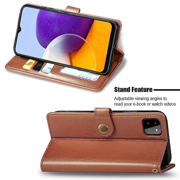 For Samsung Galaxy A22 4G Solid Farge Lær Spenne Telefondeksel med Lanyard & Fotoramme & Kortspor & Lommebok & Stativfunksjon Brown