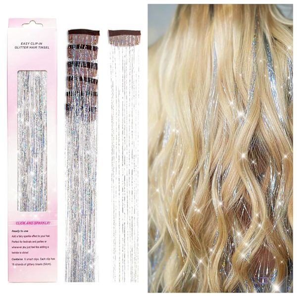 Clip in Hair Tinsel Kit, Pack med 6 st Glitter Fairy Tinsel Hair Extensions 20 tum glänsande Hair Tinsel Värmebeständig (Silver)