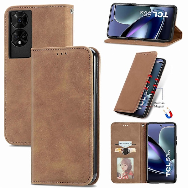 TCL 50 5G -puhelimen suojakotelo, nahkajäljitelmä, korttipidike, magneettikiinnitys - Vihreä Multicolor Brown