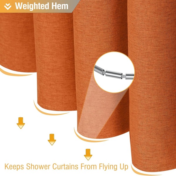Orange duschdraperi - Set med linnetexturerat vattentätt tyg med 12 plastkrokar, - 72 x 72