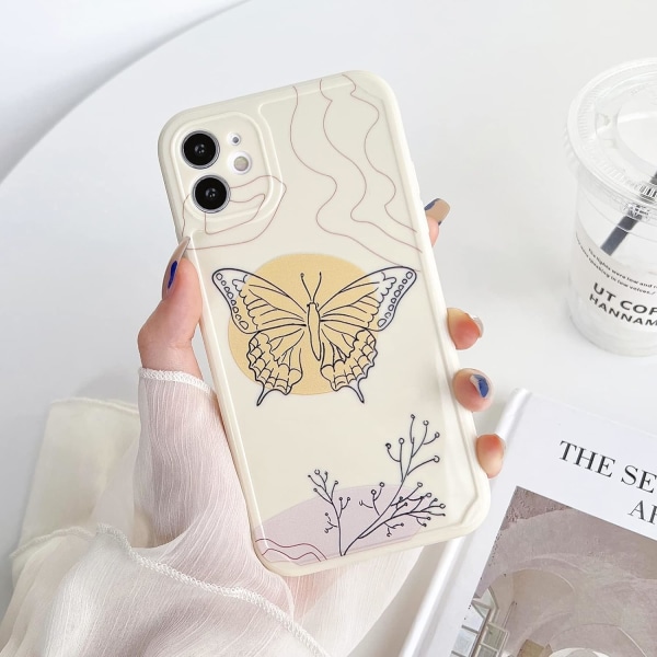 Kompatibel med iPhone 11 case (6,1"), sött case fjärilsmönster abstrakt design för flickor, kvinnor, beige