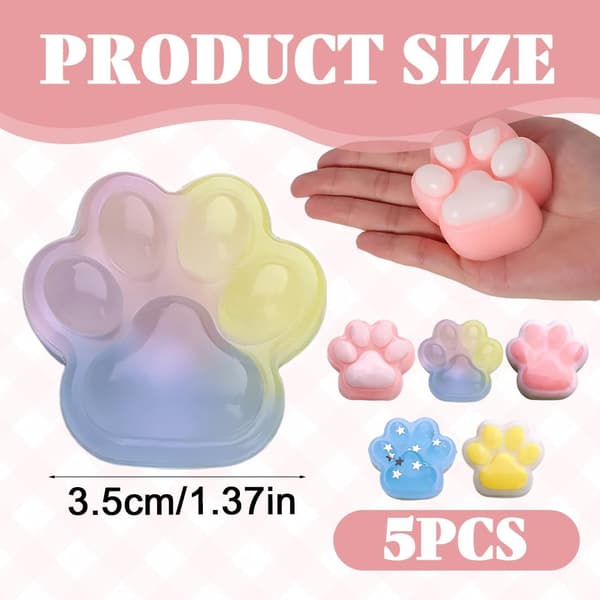 5 stk. mini-squishy-sæt med kattepotedesign – 3,5 cm bløde klemmelegetøj med ophængskæde – sensorisk anti-stresslegetøj til børn og voksne rosa, vit, blå, gul, färgglad
