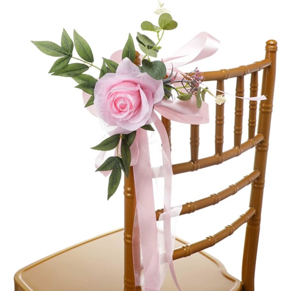 Heyone bröllopsstolsdekorationer set om 6, konstgjorda rosblommor med band, bröllopsgång kyrka stol bänk bänk bågar, stol rygg blommig (rosa)