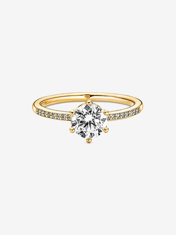 Pandora - Clear Sparkling Crown Solitaire Ring - 14k Gold Plating Circumference: 52mm