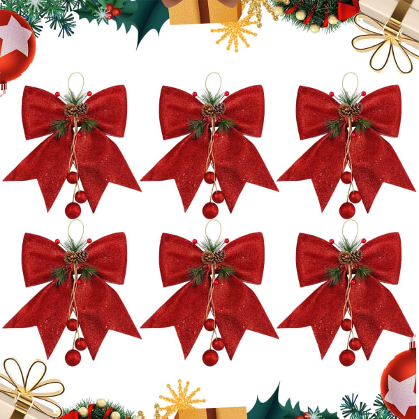 6 st julröd rosett, paljettkransar flugor, julgranstopper glitter, juldekorativa rosetter för hemmet, 9,8 x 11,8 tum (6 st, röd)