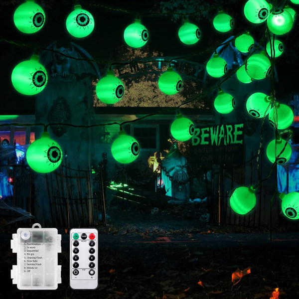 Halloween Lights, 30 LED Waterproof Halloween Eyeball String Lights, Holiday Decoration Scary with 8 Modes Steady/Flickering, Green