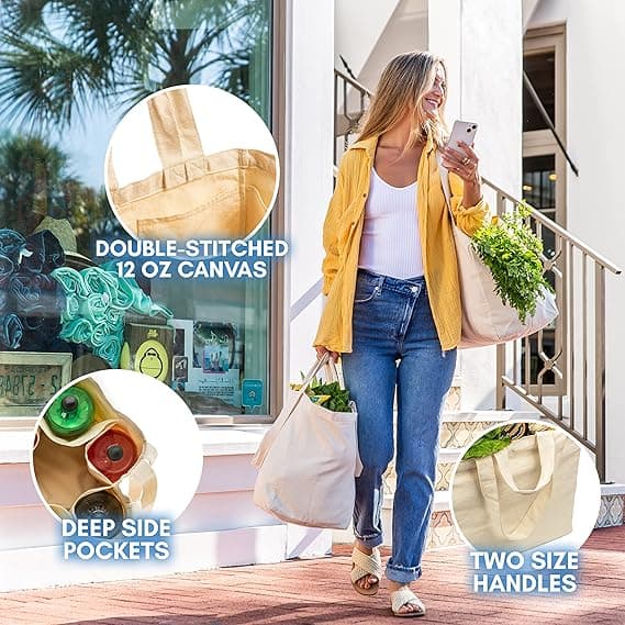 Canvas Grocery Bag 3-pack XL Set with Real Pockets, Long Shoulder Strap and Short Handle. Heavy-Duty, Foldable, Washable