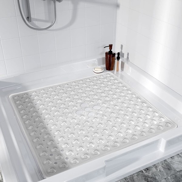 Dusjbadematte sklisikker, 21x21 tommer, myk firkantet badematte for badekar med sugekopper og dreneringshull, stallgulvmatter, klar