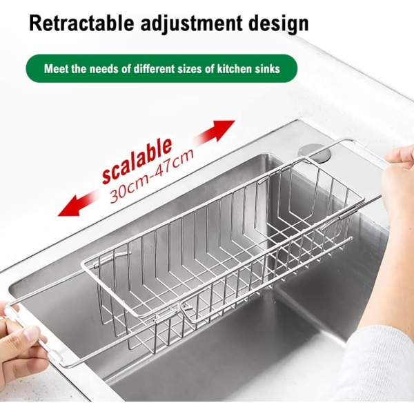 Køkkenvask Opbevaring, Udtrækkelig Svamp Holder, Teleskopisk Afløbsrist Rustfrit Stål Organizer 30-47cm Multifunktionel