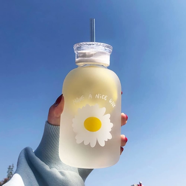 480 ml söt vattenflaska med mjölkjuice, skala, 2 lock, liten prästkrage, matt, bärbar, transparent vattenkopp, glasflaskor (matt 1 blomma)
