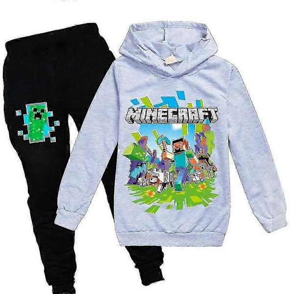 Minecraft Tryck Barn Träningsset Sportig Vardaglig Hoodie Byxor Kläder 13-14 Years Grey