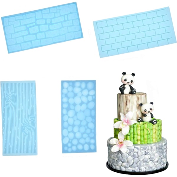 6 fondant-painanta, joissa kukka-/tiiliseinä-/muhkurakivi-/kiviseinätekstuurimuotoilu kakunkoristeisiin.