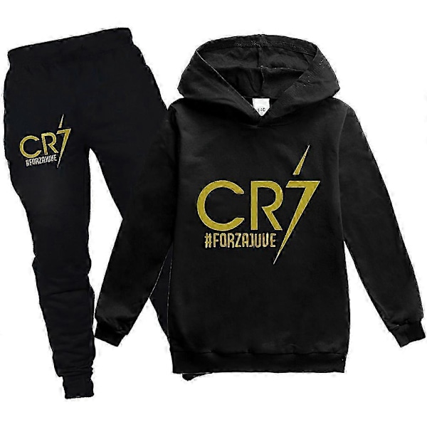 2 st Cristiano Ronaldo Hoodie VM Nr.7 Julklappar Fotbollsstjärna Hoodie och Blå Byxset Flickor Pojkar Hooded Sweatshirt Pullover Toppar Barn T-shirt Black 3-4years