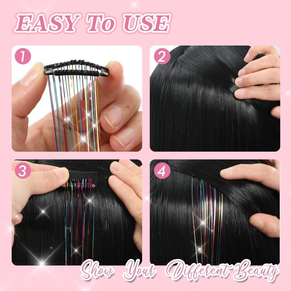 Clip in Hair Tinsel, 12st Glitter Fairy Tinsel Hair Extensions 20 Inch Shiny Hair Tinsel Värmebeständigt, gnistrande trådar (silverguld)