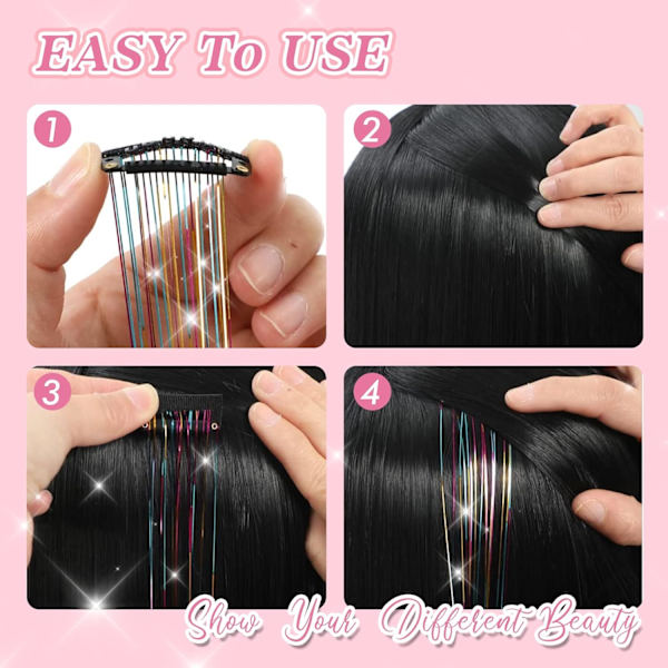 Clip in Hair Tinsel Kit, Pack med 6 st Glitter Fairy Tinsel Hair Extensions 20 tum glänsande Hair Tinsel värmebeständig (Silver)