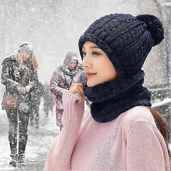 Dam Vintermössa Mössor Fleecefodrad Stickad Balaclava Mask Set Dödskalle Halsduk Cirkelhalsduk Skid Snömössa Keps med Pompom