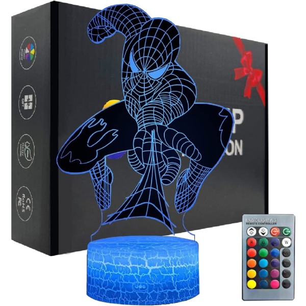 3D-nattlampa för barn, Spiderman-leksaker för pojkar, Superhero 3D Illusion-lampa med 16 färgbyte och fjärrkontroll, Dekorbordslampa