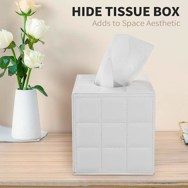 Fyrkantig läder servettbehållare - Renfärgad elegant servettbehållare med magnetisk bas och PU-läder exteriör för byrå, nattduksbord - Vit