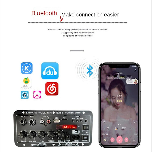 Bluetooth-ljudförstärkare 30-120W subwoofer dubbel mikrofonförstärkarmodul med display för högtalare 12V